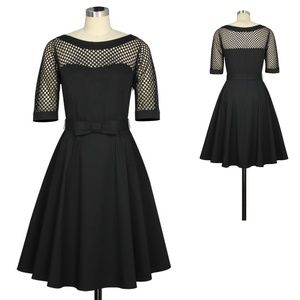 Plus Size Pin Up Fishnet 3/4 Long Sleeve Swing Dress